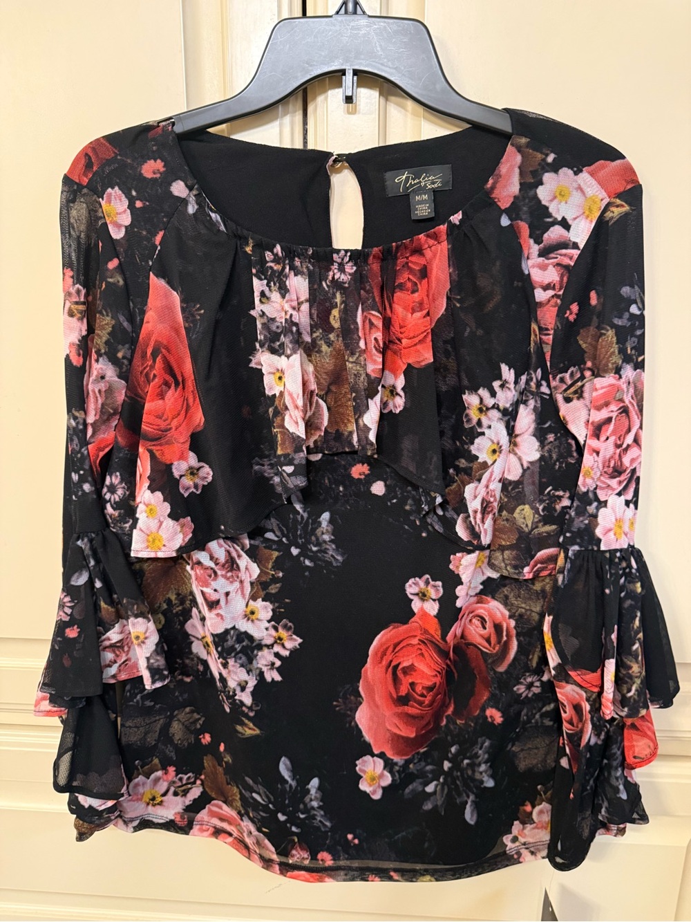 Thalia Sodi Black Floral Ruffle-Sleeve Blouse with Red & Pink Roses -Size M(NWT)